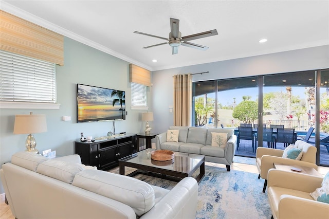 living room featuring recessed lighting, a ceiling fan, light tile patterned flooring, and crown molding