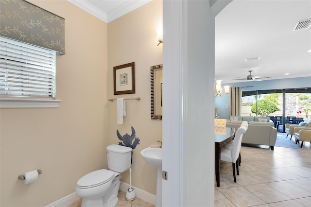 bathroom featuring tile patterned flooring, visible vents, ceiling fan, toilet, and ornamental molding