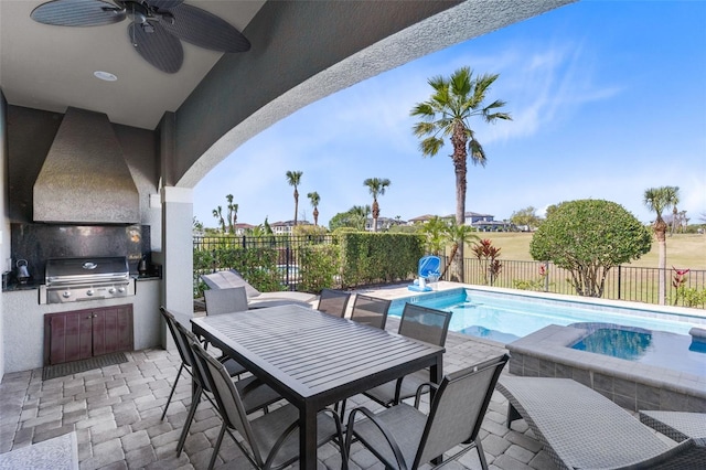 view of patio featuring a fenced in pool, a fenced backyard, an outdoor kitchen, a grill, and a ceiling fan