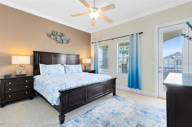 bedroom featuring light carpet, ornamental molding, access to outside, baseboards, and ceiling fan