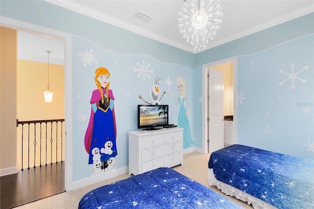 bedroom featuring a notable chandelier, visible vents, crown molding, and baseboards