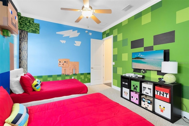 bedroom with visible vents, crown molding, baseboards, carpet floors, and a ceiling fan