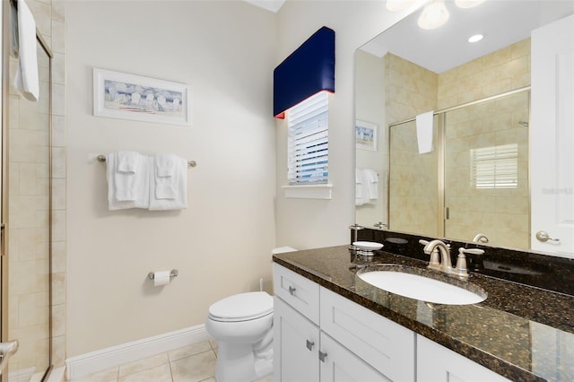 bathroom with tile patterned flooring, a shower stall, baseboards, toilet, and vanity