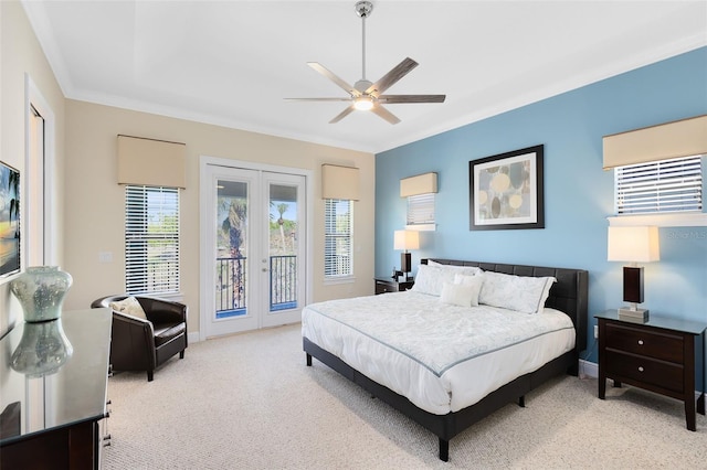 bedroom featuring crown molding, ceiling fan, carpet, french doors, and access to outside