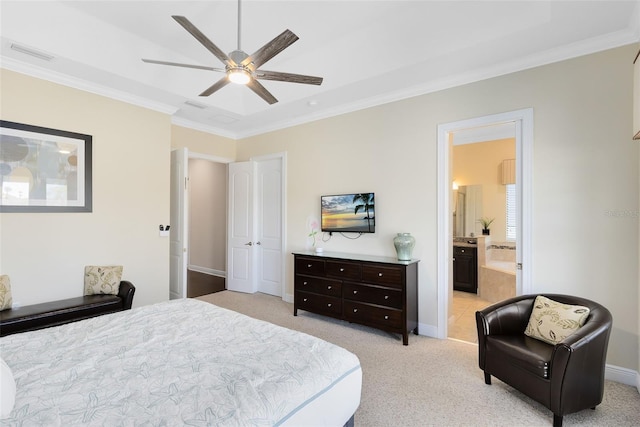 bedroom with baseboards, visible vents, ceiling fan, ornamental molding, and light colored carpet