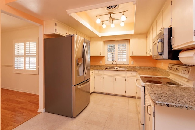 kitchen with a tray ceiling, crown molding, stainless steel appliances, white cabinetry, and a sink