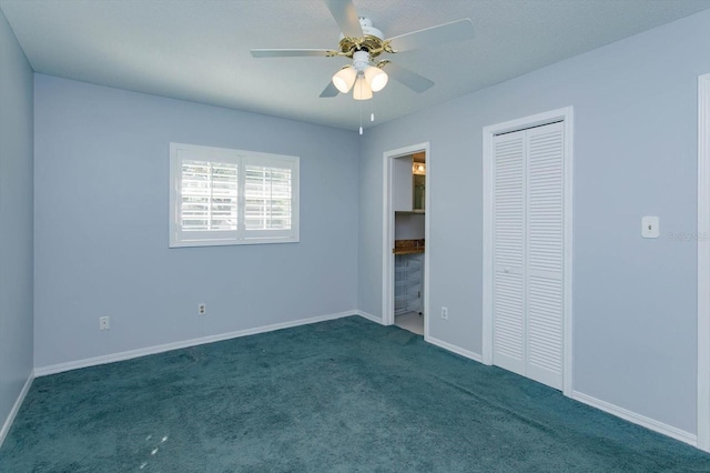 unfurnished bedroom with ceiling fan, carpet floors, a closet, and baseboards