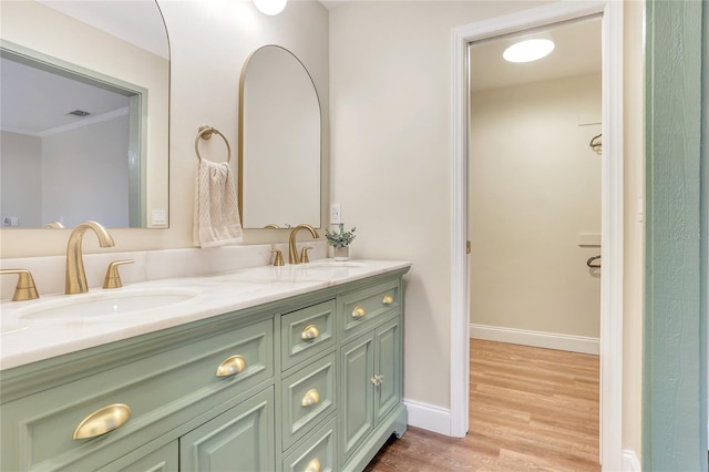 bathroom featuring double vanity, baseboards, a sink, and wood finished floors