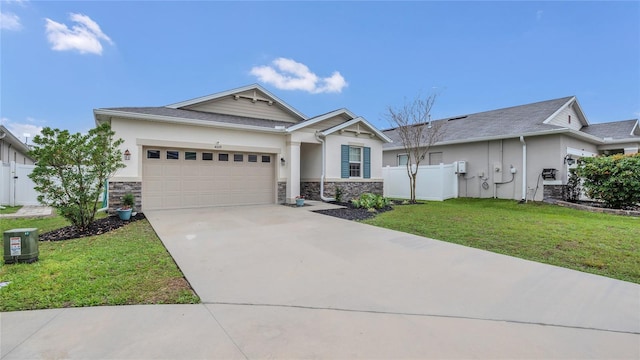 craftsman-style home featuring stone siding, stucco siding, an attached garage, and fence