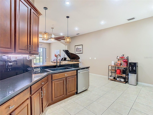 kitchen featuring a sink, visible vents, dark countertops, and dishwasher