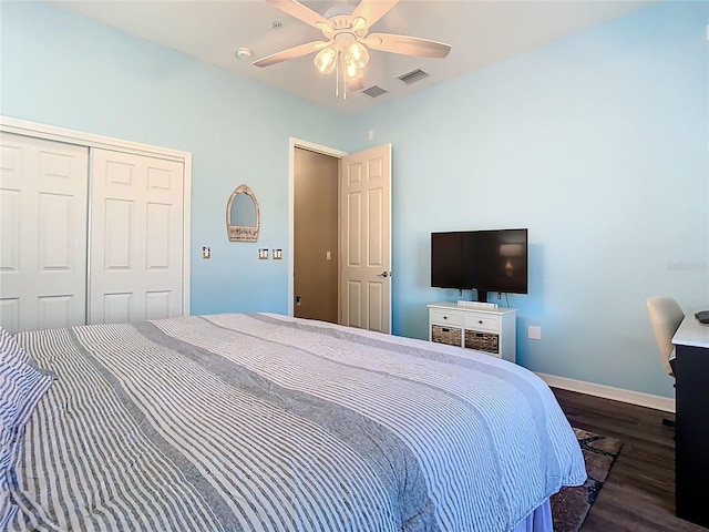 bedroom with visible vents, ceiling fan, baseboards, a closet, and dark wood-style floors