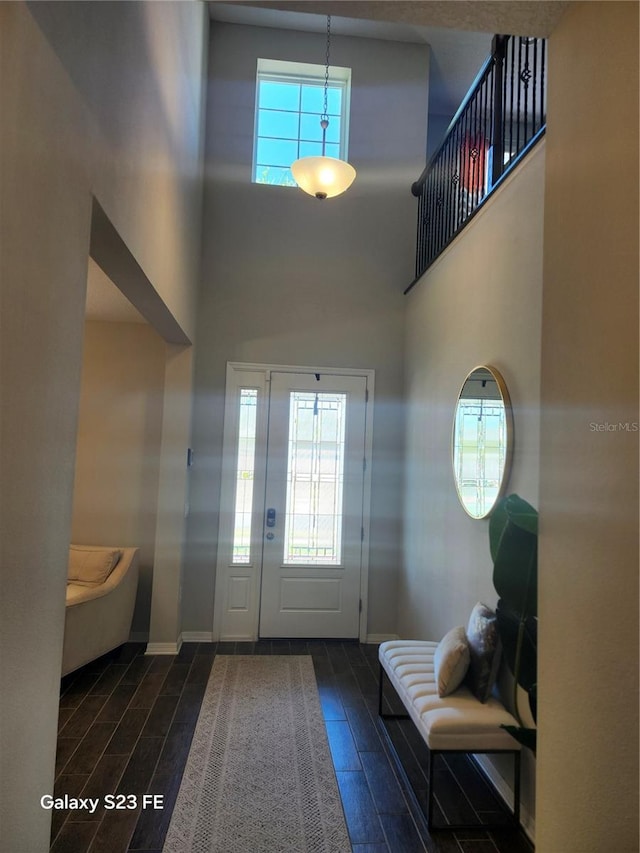 foyer entrance with a towering ceiling, baseboards, and wood finish floors