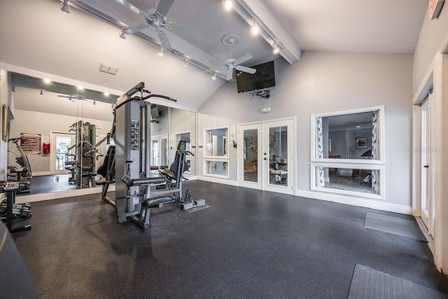 gym with baseboards, visible vents, a ceiling fan, french doors, and track lighting