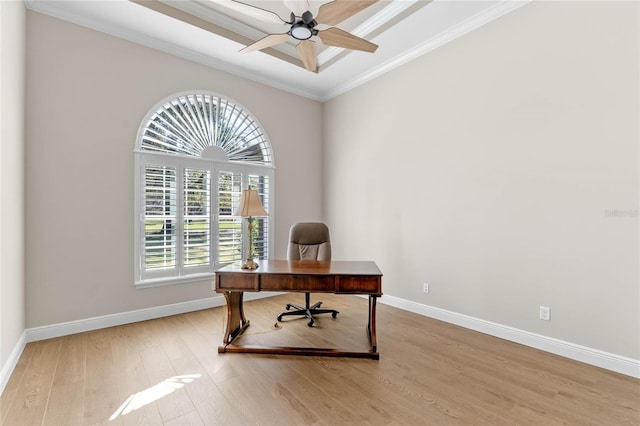 office space featuring ornamental molding, ceiling fan, light wood finished floors, and baseboards