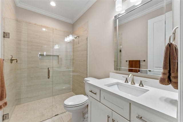 full bath featuring ornamental molding, a shower stall, toilet, and vanity