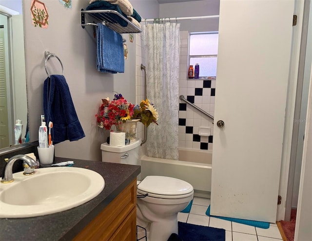 full bath with toilet, shower / bath combo with shower curtain, tile patterned flooring, and vanity