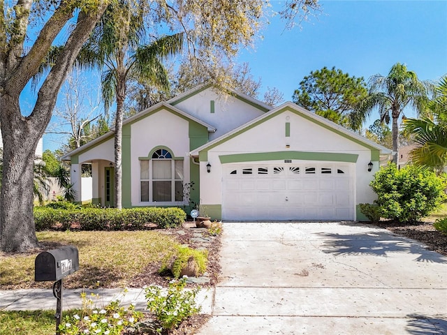 view of front of property with concrete driveway, an attached garage, and stucco siding