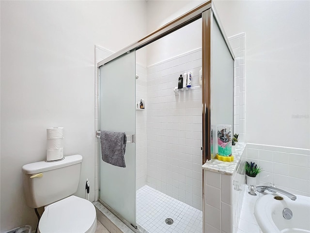 bathroom with toilet, a bath, and a shower stall