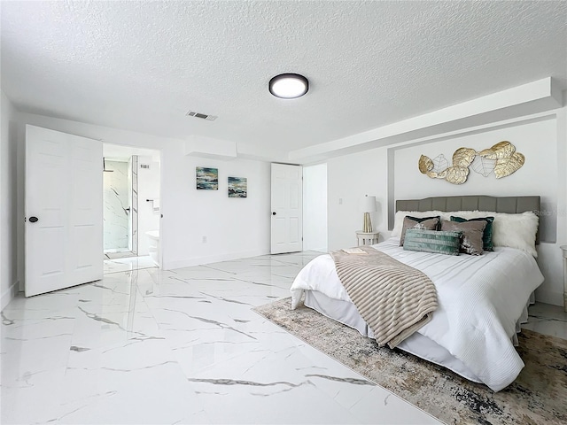 bedroom with marble finish floor, baseboards, visible vents, and a textured ceiling