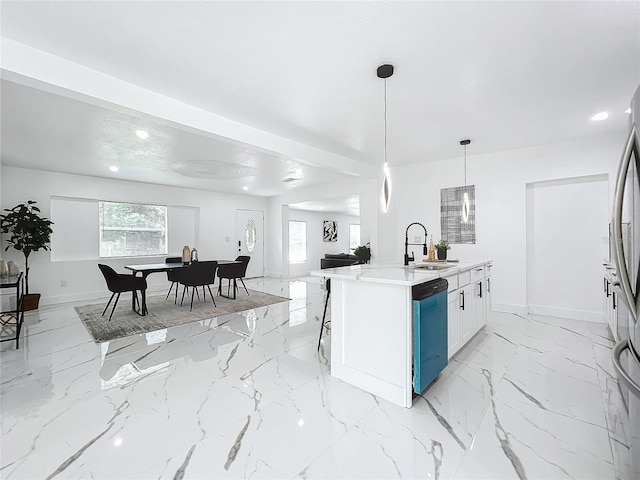 kitchen featuring dishwashing machine, a sink, open floor plan, marble finish floor, and a center island with sink