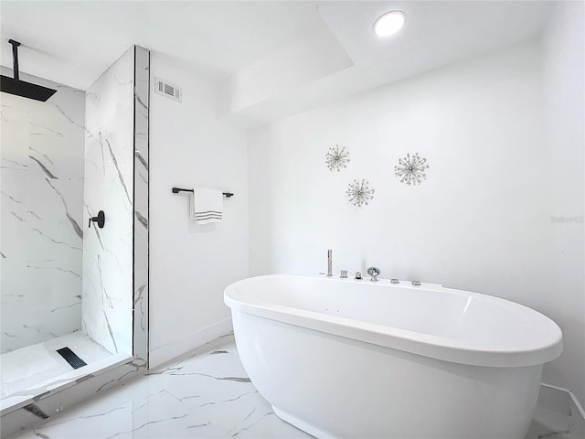 bathroom with a marble finish shower, visible vents, a soaking tub, marble finish floor, and recessed lighting