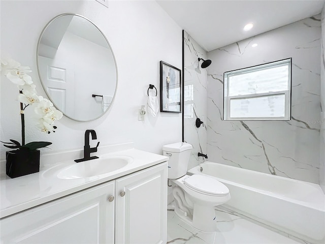 bathroom with toilet, marble finish floor, bathing tub / shower combination, and vanity