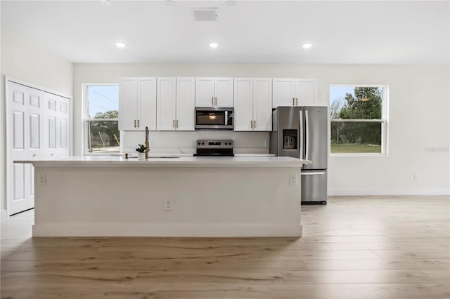 kitchen with a healthy amount of sunlight, light wood finished floors, stainless steel appliances, and a sink