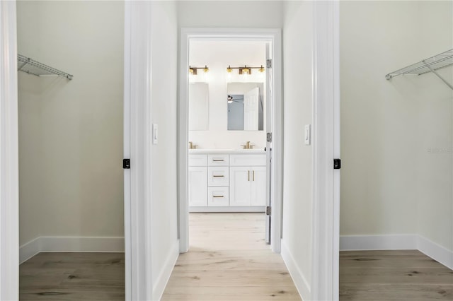 spacious closet with light wood-style floors and a sink