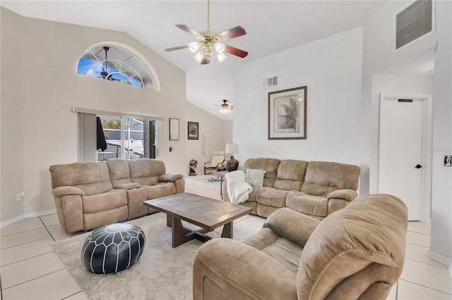 102 Ethan Ave, Davenport, FL 33897 - living room featuring ceiling fan, light tile patterned flooring, and high vaulted ceiling