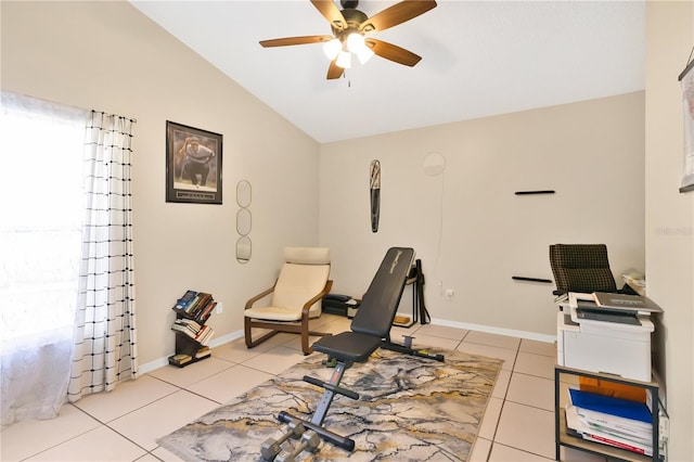 102 Ethan Ave, Davenport, FL 33897 - living area with lofted ceiling, ceiling fan, and light tile patterned flooring