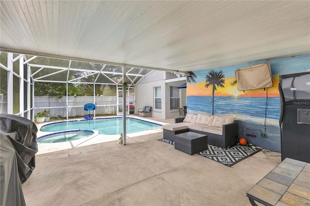 102 Ethan Ave, Davenport, FL 33897 - view of pool featuring a patio area, an outdoor living space, a lanai, a pool with connected hot tub, and grilling area