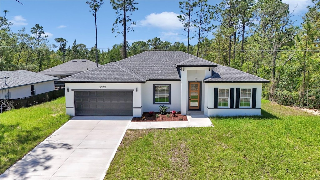 3520 W Webster Pl, Citrus Springs, FL 34433 - view of front of property with a front lawn, stucco siding, a shingled roof, concrete driveway, and an attached garage