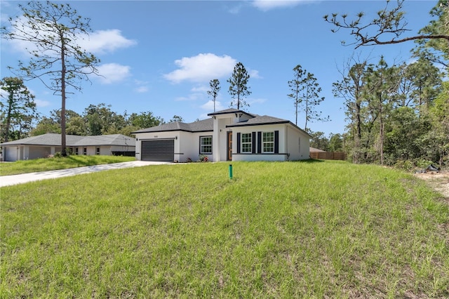 view of front facade with a garage, stucco siding, concrete driveway, and a front lawn
