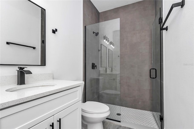 bathroom featuring vanity, toilet, and a shower stall