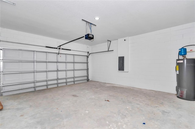 garage featuring a garage door opener, electric panel, concrete block wall, and electric water heater