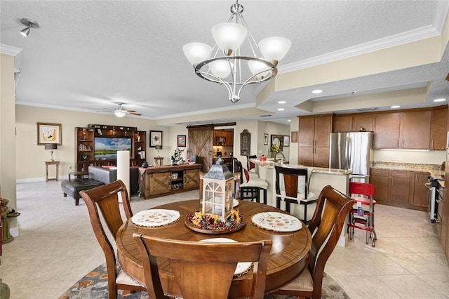 dining room featuring recessed lighting, ornamental molding, light tile patterned flooring, a textured ceiling, and ceiling fan with notable chandelier