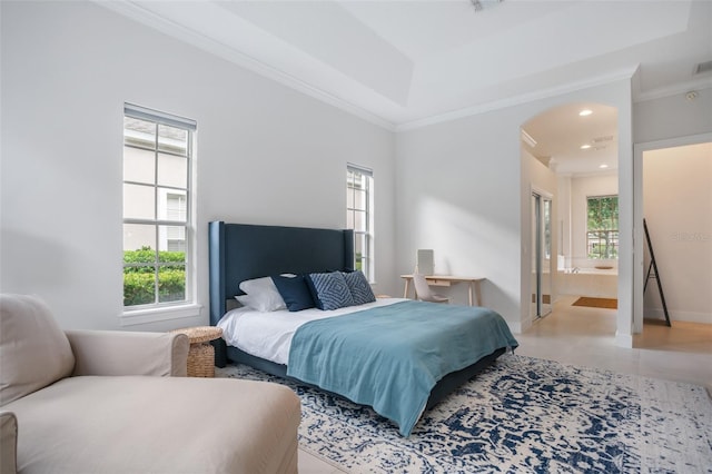 bedroom with baseboards, ornamental molding, light tile patterned floors, recessed lighting, and ensuite bathroom