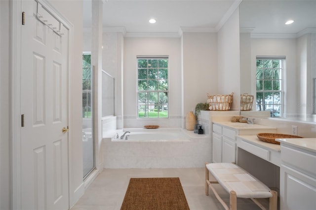 bathroom featuring tile patterned floors, crown molding, a stall shower, a bath, and vanity