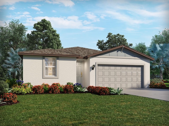 ranch-style home featuring an attached garage, concrete driveway, roof with shingles, stucco siding, and a front yard