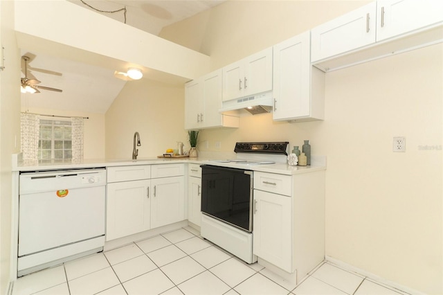 kitchen featuring light countertops, white cabinetry, range with electric cooktop, dishwasher, and under cabinet range hood