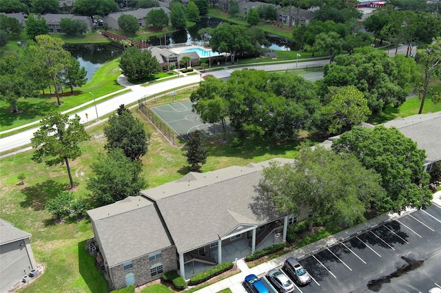 bird's eye view with a water view