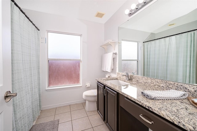 bathroom featuring vanity, tile patterned floors, toilet, and visible vents