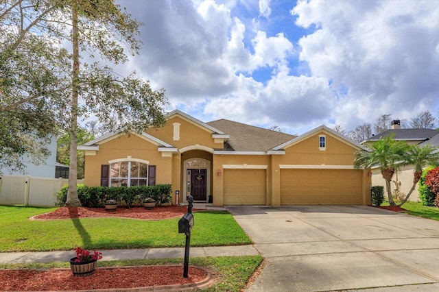 ranch-style house with a garage, a front yard, fence, and stucco siding