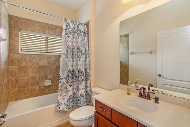 full bath featuring shower / tub combo, vanity, and toilet