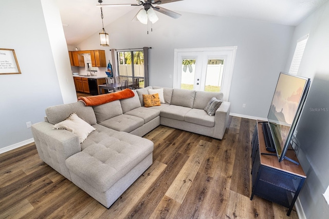 living area featuring baseboards, a ceiling fan, lofted ceiling, dark wood-style flooring, and french doors