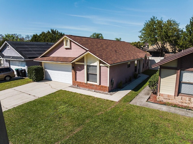 view of front of property with a garage, a shingled roof, concrete driveway, a front lawn, and brick siding