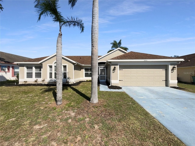 ranch-style house with an attached garage, concrete driveway, a front yard, and stucco siding