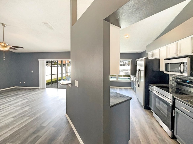 kitchen with appliances with stainless steel finishes, vaulted ceiling, plenty of natural light, and light wood-style flooring