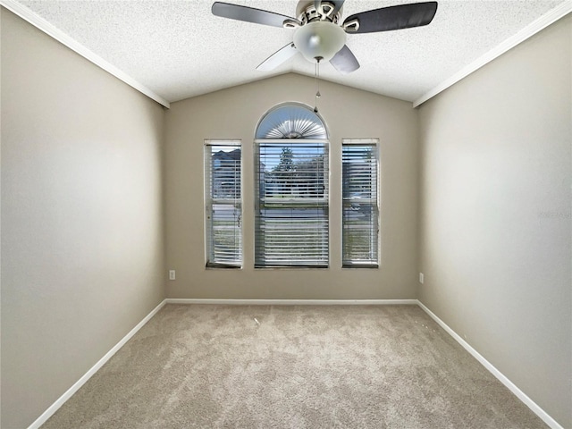 carpeted spare room featuring a healthy amount of sunlight, baseboards, vaulted ceiling, and a textured ceiling