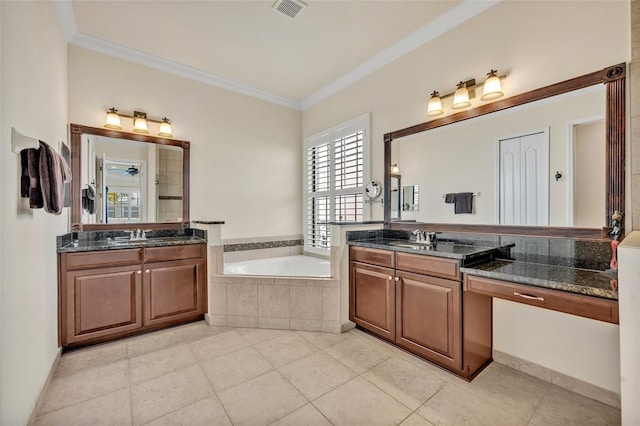 full bathroom featuring a sink, visible vents, a bath, and crown molding